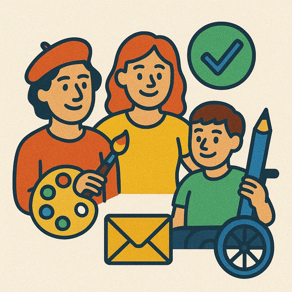 Bildschirm mit dem Text „WCAG 2.1“, Schriftsymbolen und einem Bild-Icon. Daneben ein Rollstuhlsymbol. Um den Bildschirm fliegen Konfetti und Sternchen. Feierliche Darstellung von Web-Zugnglichkeit nach internationalen Standards.