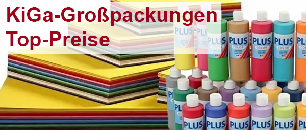 Gestapelte Bastelpapierbgen in vielen Farben und eine groe Auswahl an bunten Flaschen Bastelfarbe der Marke PLUS. Links oben steht in roter Schrift auf weiem Hintergrund: 'KiGa-Gropackungen Top-Preise'. Das Bild wirbt fr gnstige Kreativmaterialien fr Kindergrten.