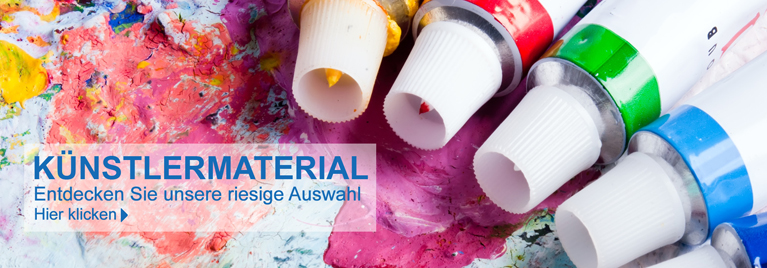 Bunte Acrylfarben-Tuben auf einer farbverschmierten Malunterlage. Text im Bild: Knstlermaterial - Entdecken Sie unsere riesige Auswahl.