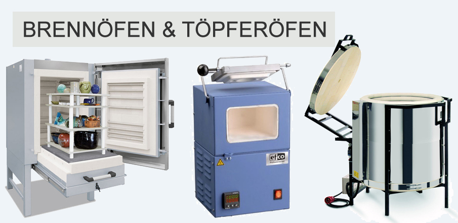 Drei unterschiedliche Brennfen fr Keramik und Tpferware nebeneinander dargestellt - ein Schrankofen mit Keramikstcken, ein blauer Kompaktofen und ein runder Tpferofen mit hochgeklapptem Deckel. Darber steht der Text: 'Brennfen & Tpferfen'.