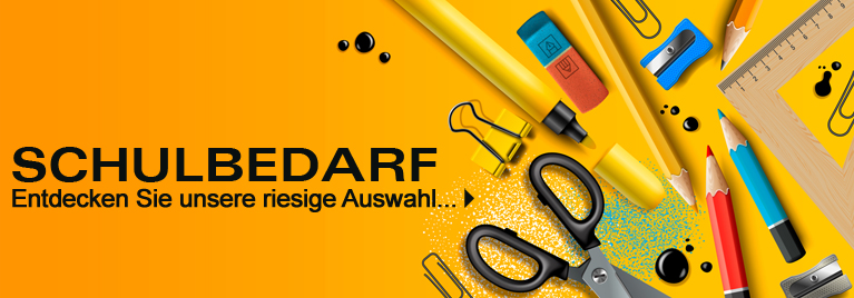 Grafisch gestaltetes Banner mit Schulmaterialien wie Schere, Lineal, Bleistiften, Anspitzer, Textmarker, Broklammern und Radiergummi auf gelbem Hintergrund. Text im Bild: SCHULBEDARF - Entdecken Sie unsere riesige Auswahl...