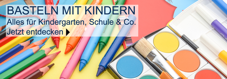 Buntes Bastelmaterial wie Wachsmalstifte, Buntstifte, Filzstifte, Wasserfarben und Pinsel - ideal fr Kindergarten und Schule. Text im Bild: Basteln mit Kindern - Jetzt entdecken.