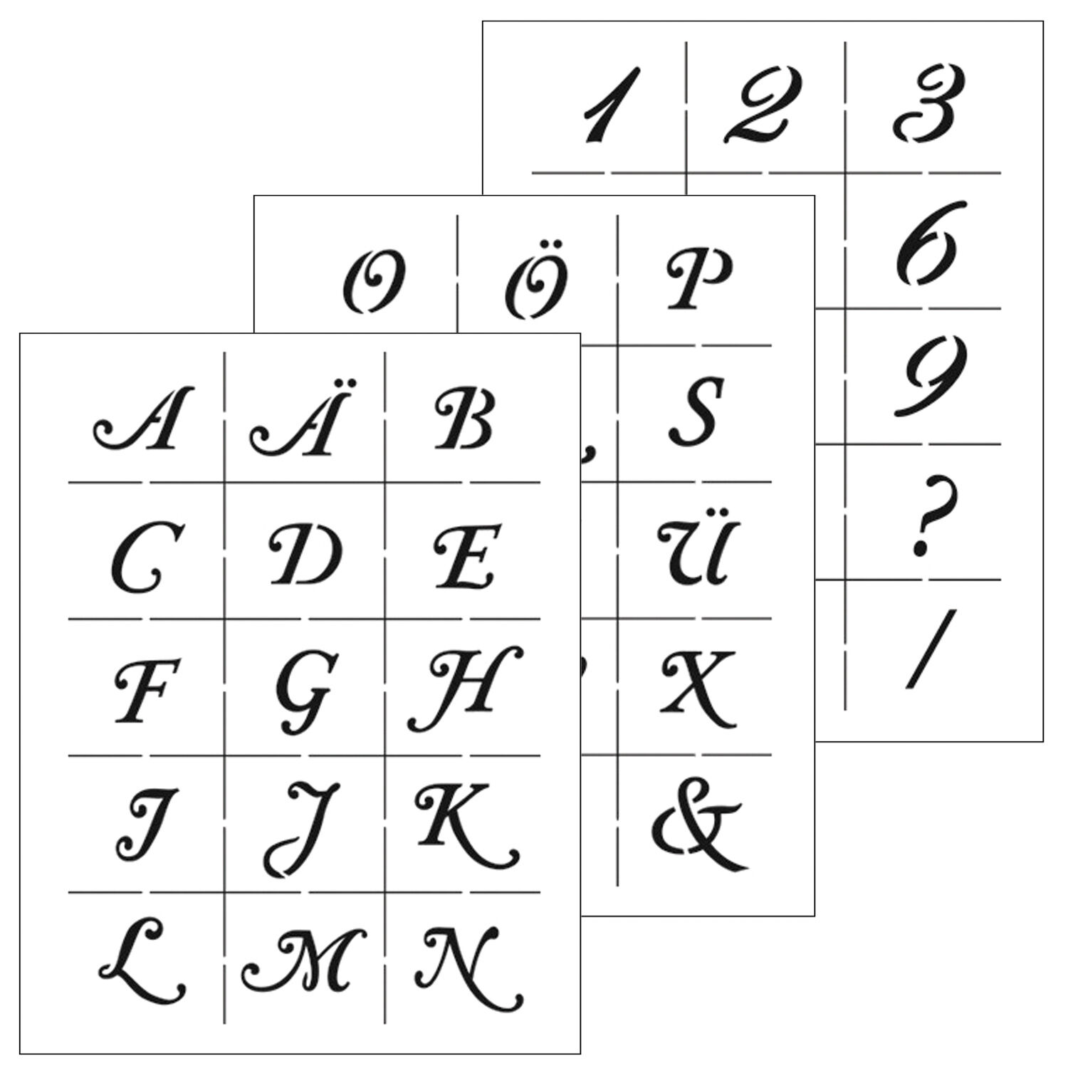 Schablonen 3-teilig DIN A5, Alphabet + Zahlen