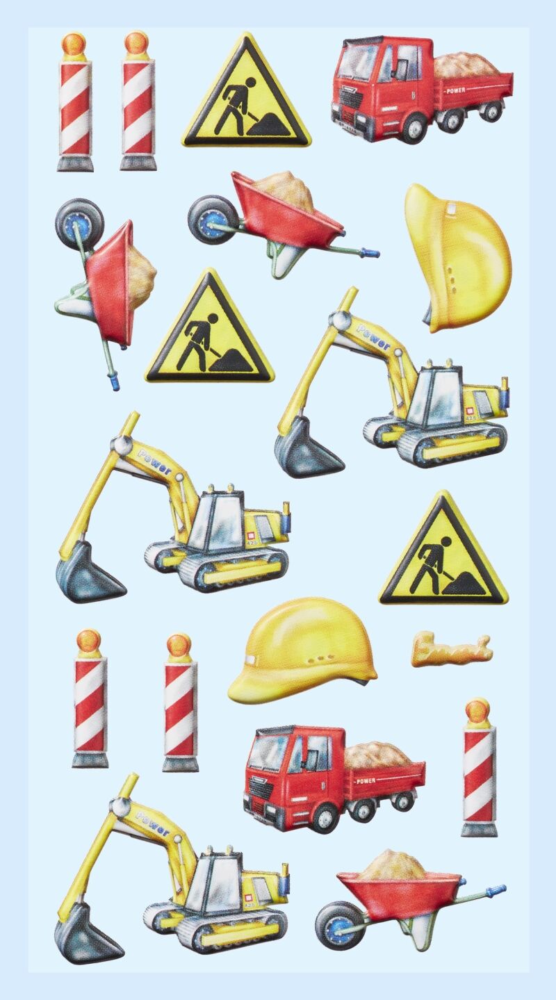 NEU SOFTY 3-D Sticker / Aufkleber, Baufahrzeuge / Baustelle, 1 Bogen