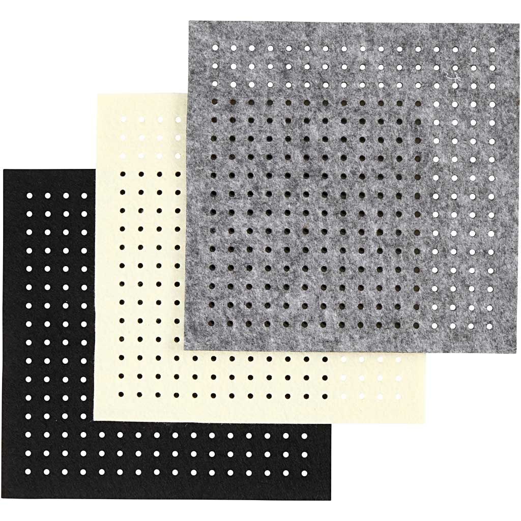 Bastelfilz mit L�chern, Gr��e 20x20 cm, Dicke 3 mm, Schwarz, Grau, Naturwei�, 3 x 4 St�ck