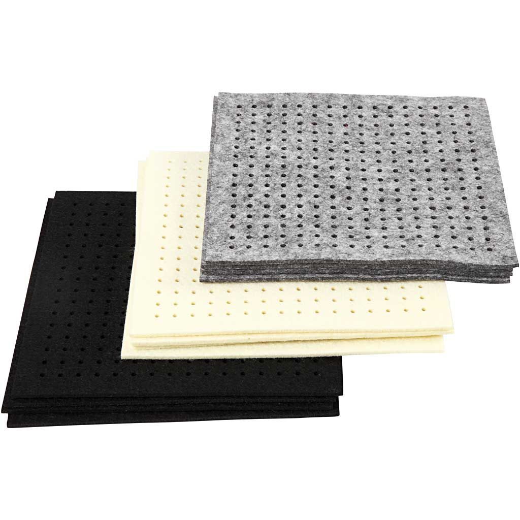 Bastelfilz mit L�chern, Gr��e 20x20 cm, Dicke 3 mm, Schwarz, Grau, Naturwei�, 3 x 4 St�ck Bild 2