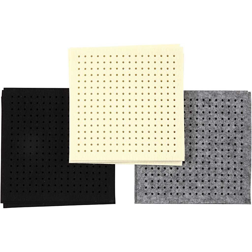Bastelfilz mit L�chern, Gr��e 20x20 cm, Dicke 3 mm, Schwarz, Grau, Naturwei�, 3 x 4 St�ck Bild 3