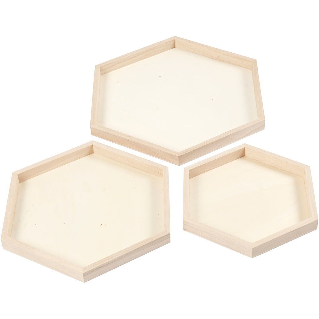 Tablett-Set aus Holz, Secheckig, 3 St�ck, Durchmesser 21 + 26 + 31 cm Bild 2