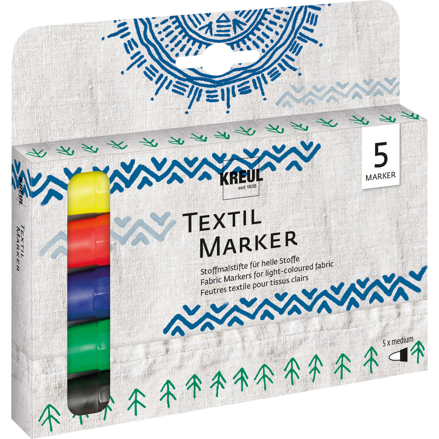 Kreul Textil Marker / Stoffmalstift, Medium, 2-4 mm, 5er-Set mit Gelb, Rot, Blau, Grün, Schwarz
