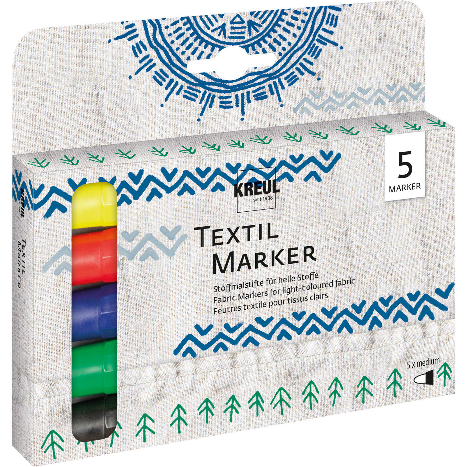 Kreul Textil Marker / Stoffmalstift, Medium, 2-4 mm, 5er-Set mit Gelb, Rot, Blau, Grn, Schwarz