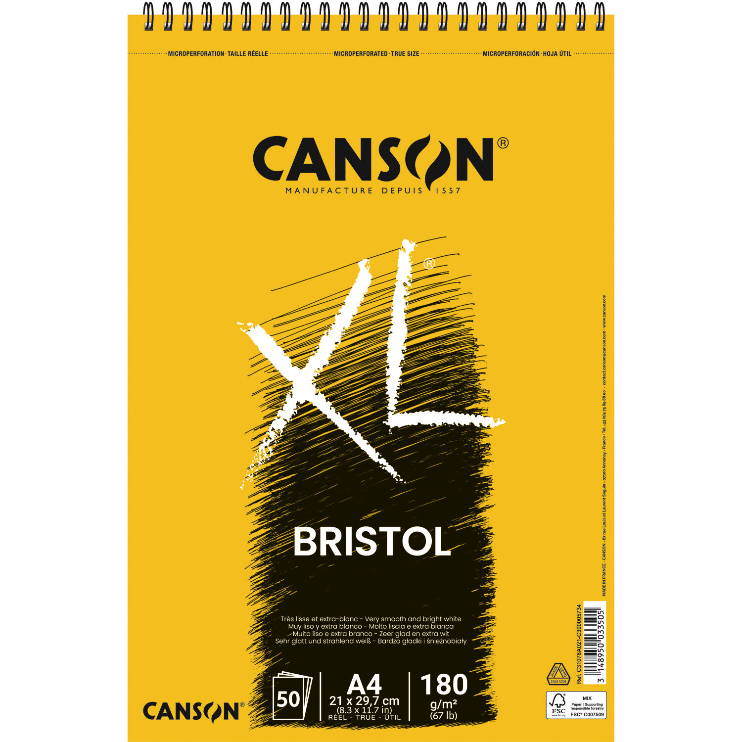 NEU Canson XL Bristol Spiralblock, DIN A4, 50 Blatt, 180 g/m