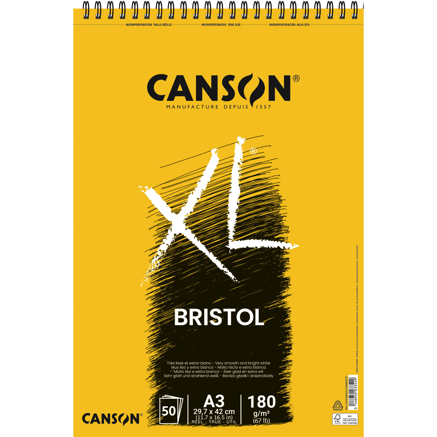 NEU Canson XL Bristol Spiralblock, DIN A3, 50 Blatt, 180 g/m