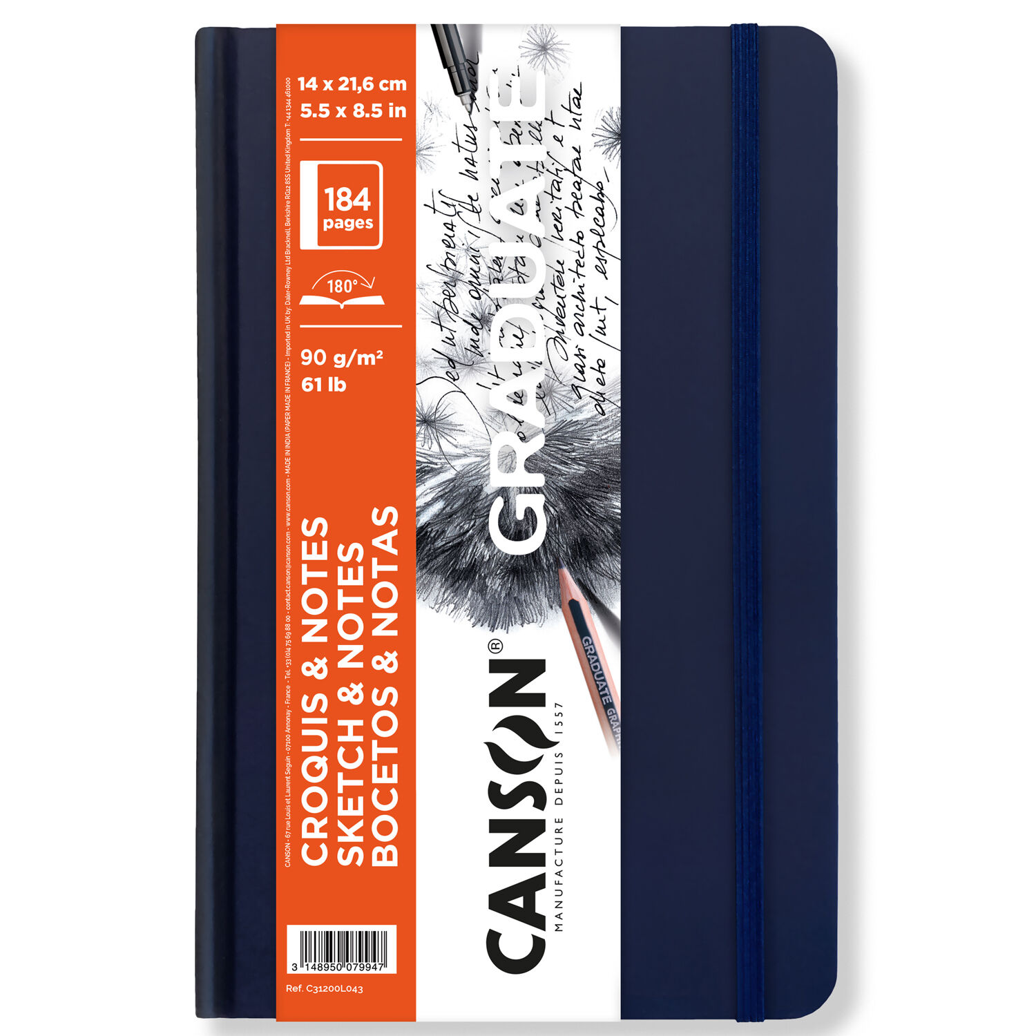 NEU Graduate Skizzenbuch 184 Seiten, 14X21,6 cm, 90 g/m, Hochformat, Sehr glatt, Dunkelblau