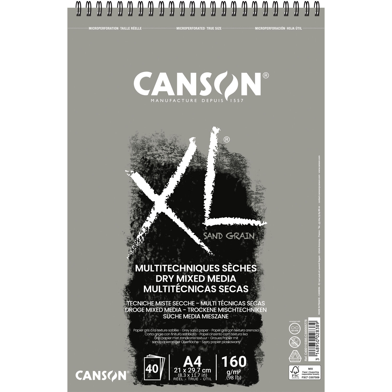 NEU Canson XL Touch Grey Spiralblock, DIN A4, 40 Blatt, 160 g/m