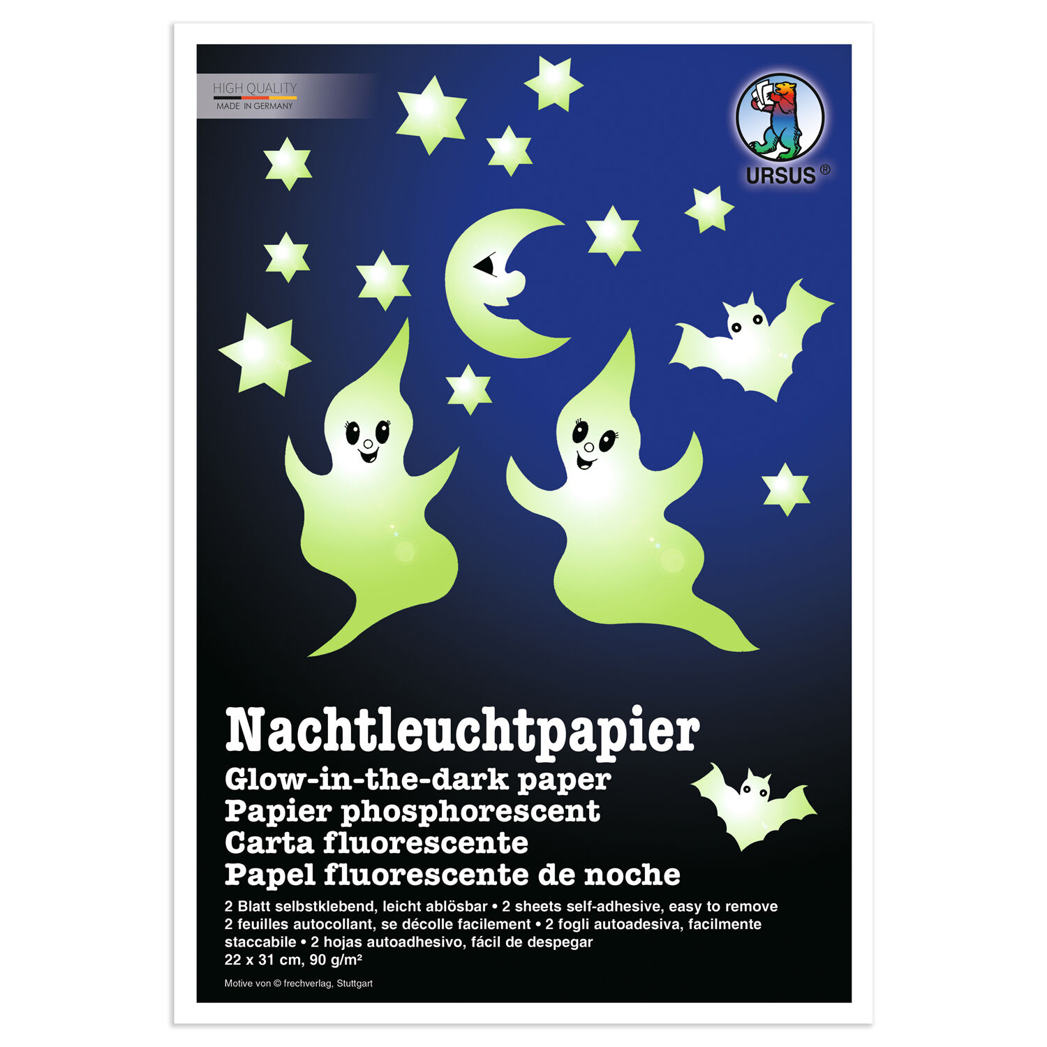 Nachtleucht-Papier, selbstklebend, 22 x 31 cm, 90g/qm, 2 Blatt