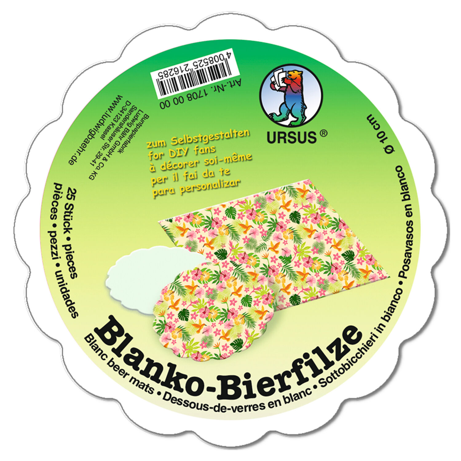 Blanko-Bierfilz / Bierdeckel mit Wellenrand, wei,  10 cm, 25 Stck