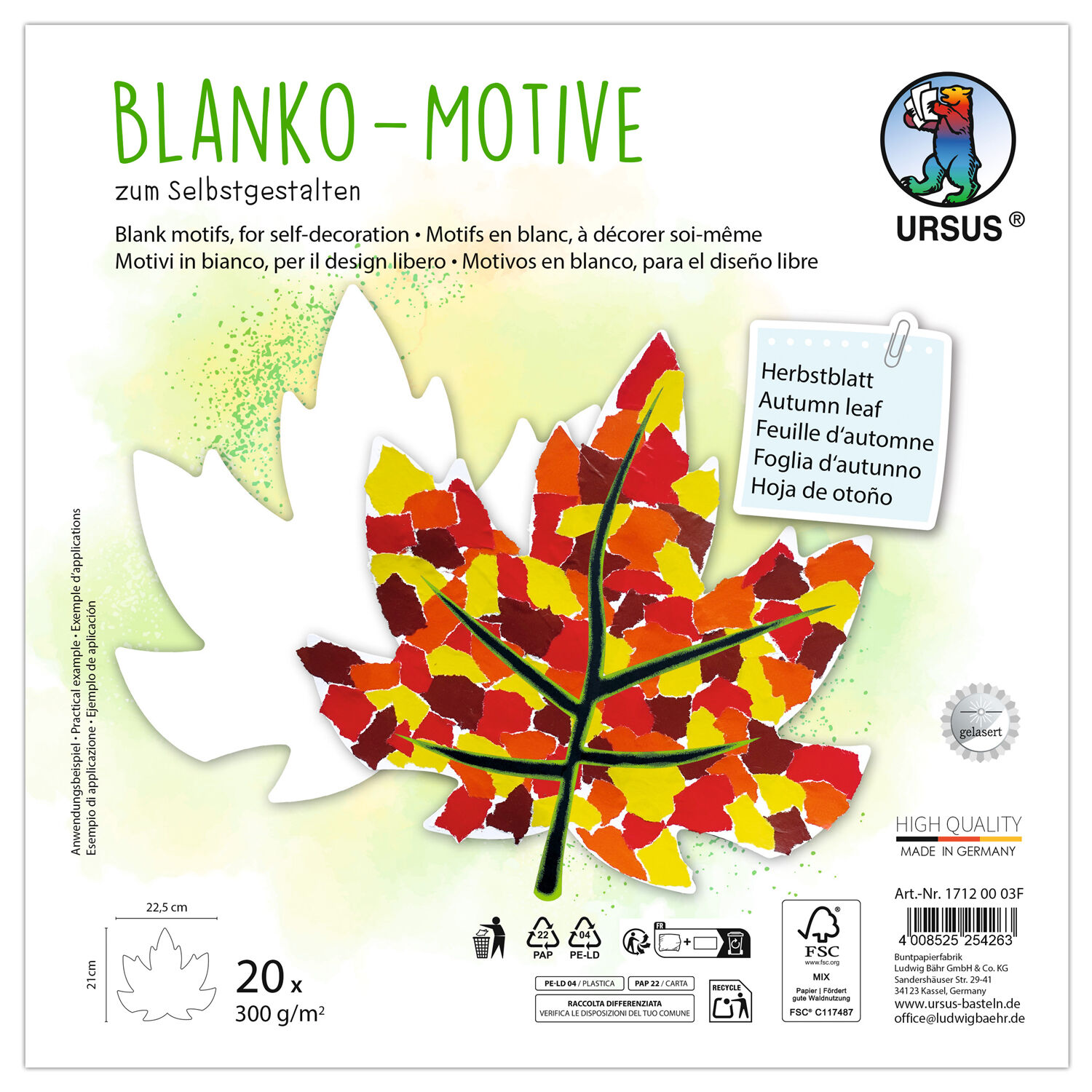 Blanko-Motiv Herbstblatt aus Fotokarton, 300g/qm, 20 Stck, 22,5 x 21 cm