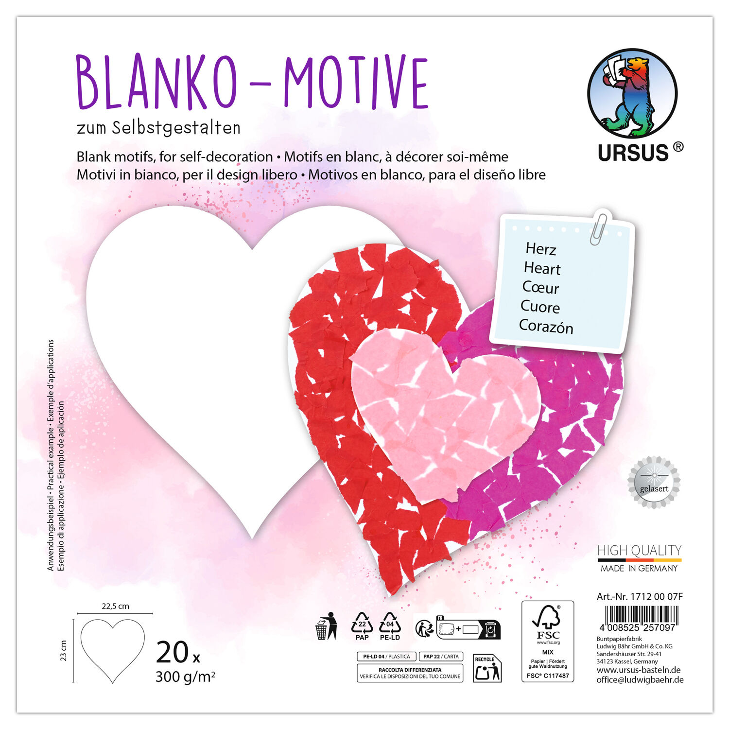 Blanko-Motiv Herz aus Fotokarton, 300g/qm, 20 Stck, 22,5 x 21 cm