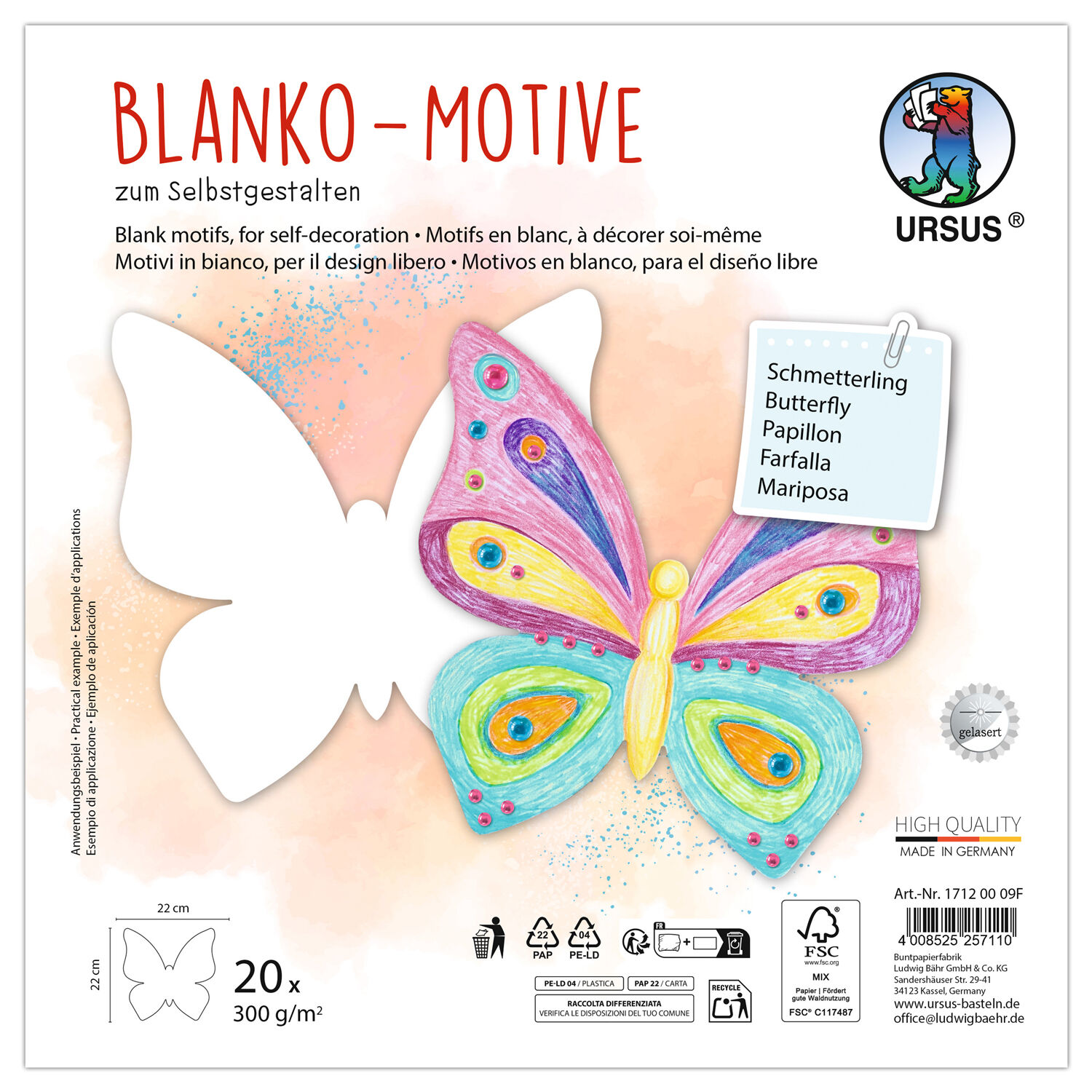 Blanko-Motiv Schmetterling aus Fotokarton, 300g/qm, 20 Stck, 22 x 22 cm