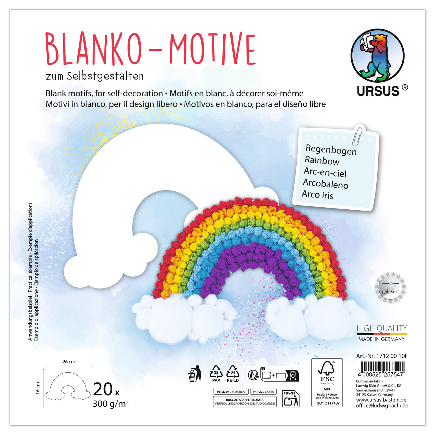 Blanko-Motiv Regenbogen aus Fotokarton, 300g/qm, 20 Stck, 24 x 18 cm