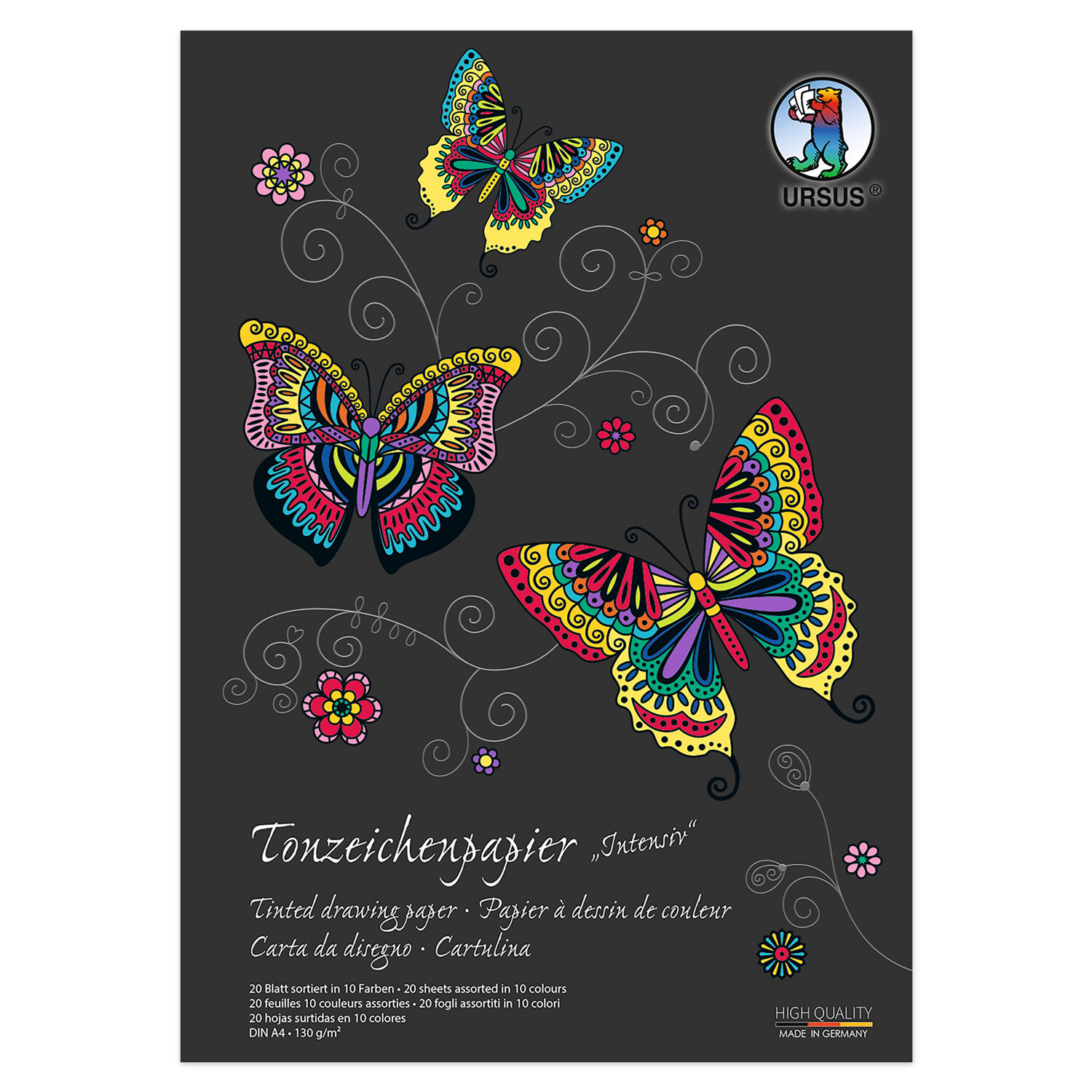 Tonzeichenpapier-Block Intensiv, DIN A4, 130g/qm, 20 Blatt, 10 sortierte Farben