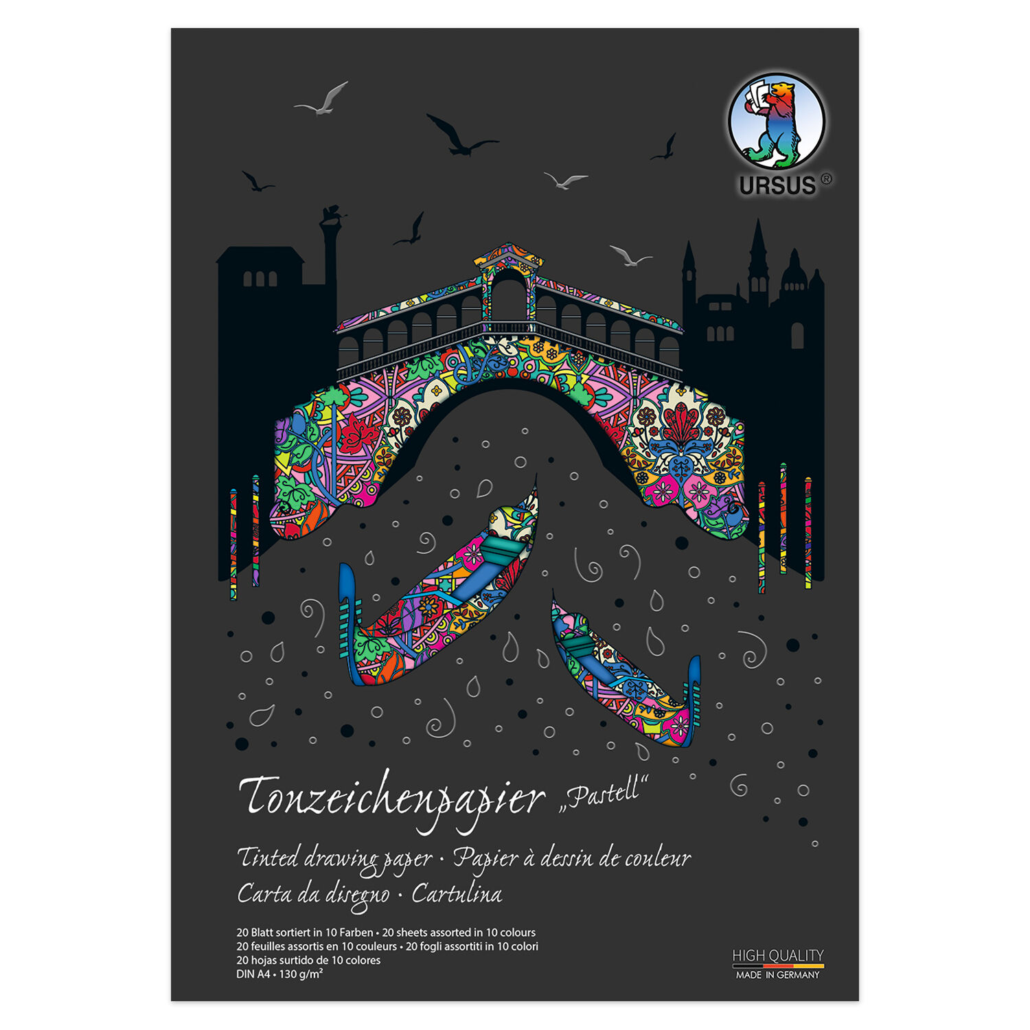 Tonzeichenpapier-Block Pastell, DIN A4, 130g/qm, 20 Blatt, 10 sortierte Farben