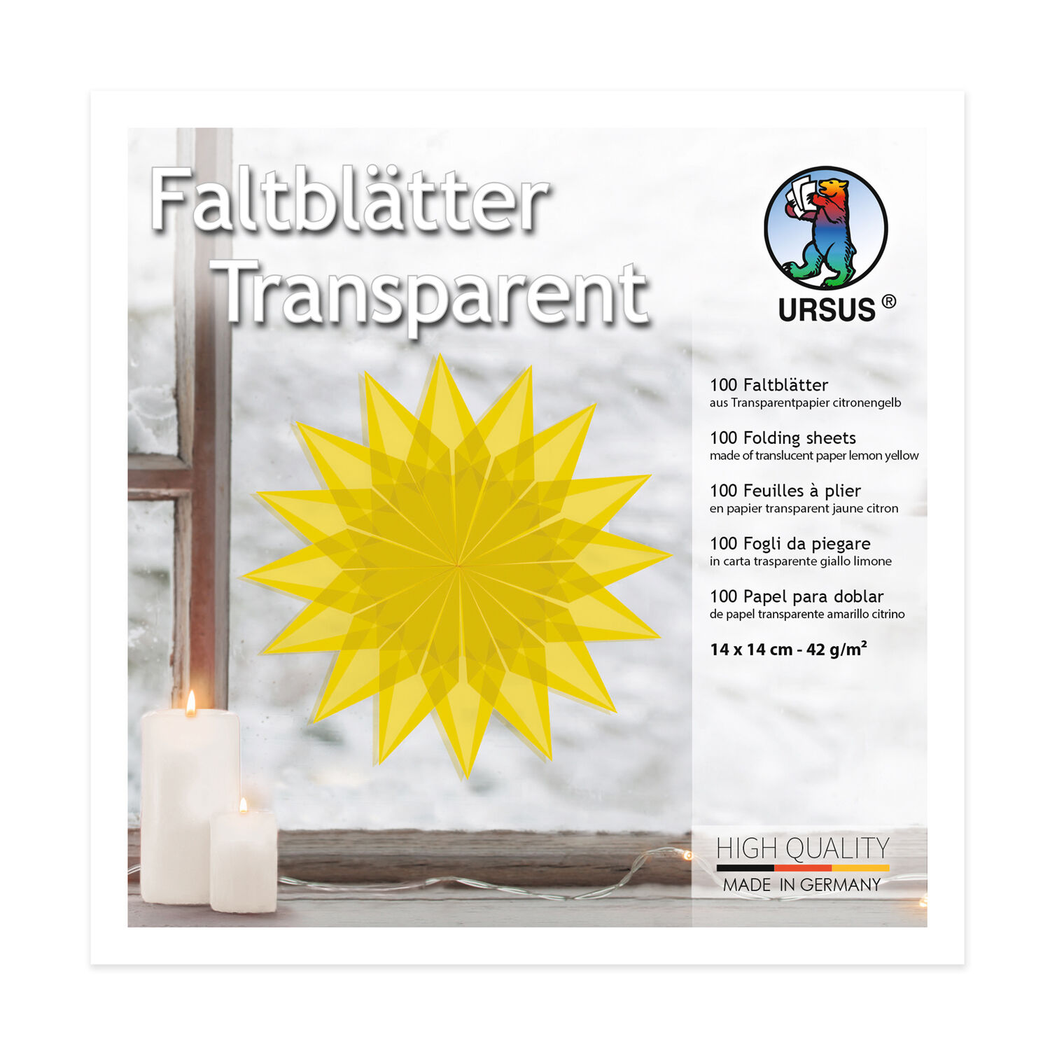 Faltbltter Transparentpapier, 14 x 14 cm, 42g/qm, 100 Blatt, Zitronengelb