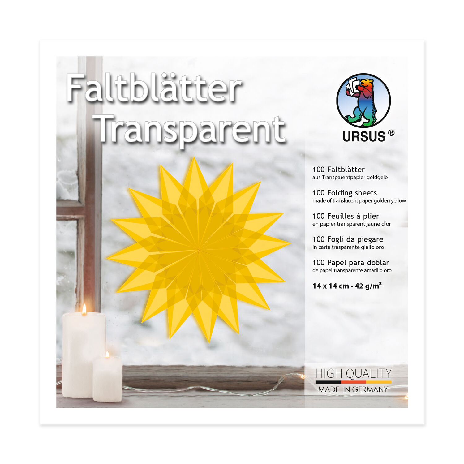 Faltbltter Transparentpapier, 14 x 14 cm, 42g/qm, 100 Blatt, Goldgelb