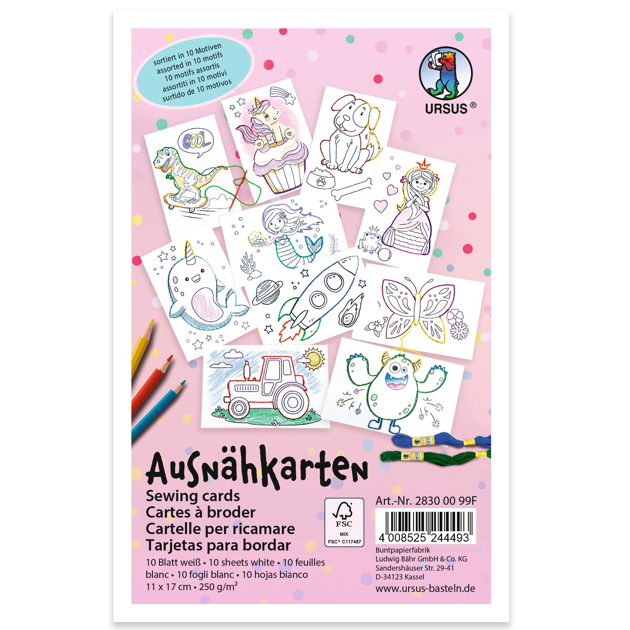 Ausnhkarten zum Aussticken und Ausmalen, 11 x 17 cm, 10 Blatt, 10 Motive
