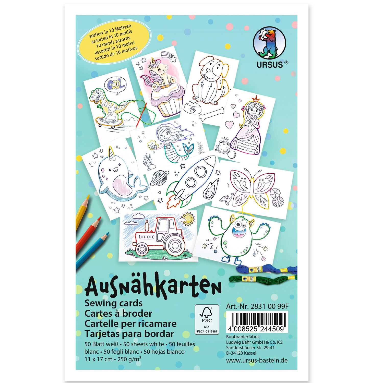 Ausnhkarten zum Aussticken und Ausmalen, 11 x 17 cm, 50 Blatt, 10 Motive