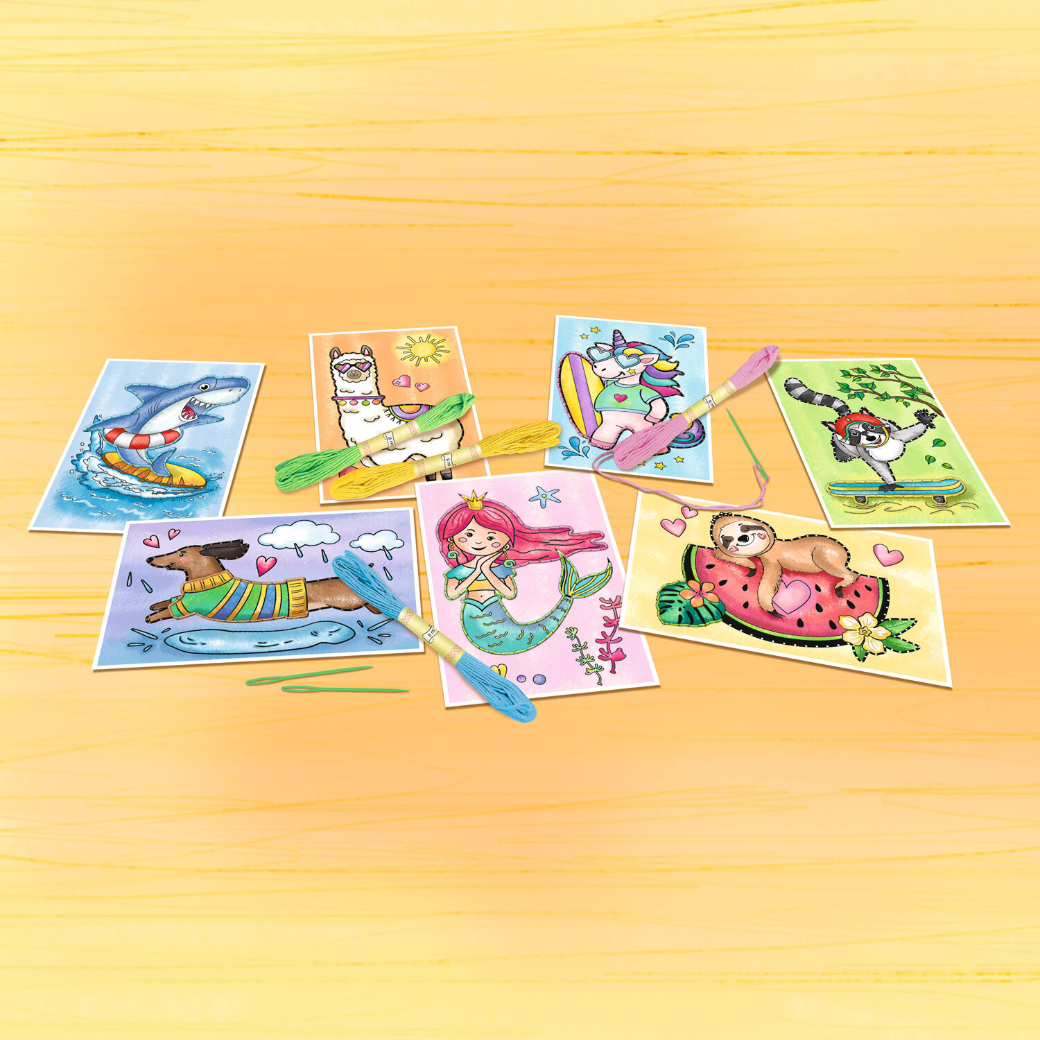 Stickkarten Set Ganzjahr, 10 Motivkarten, 11 x 17 cm, 6 x 8 m Stickgarn, 3 Sticknadeln Bild 2