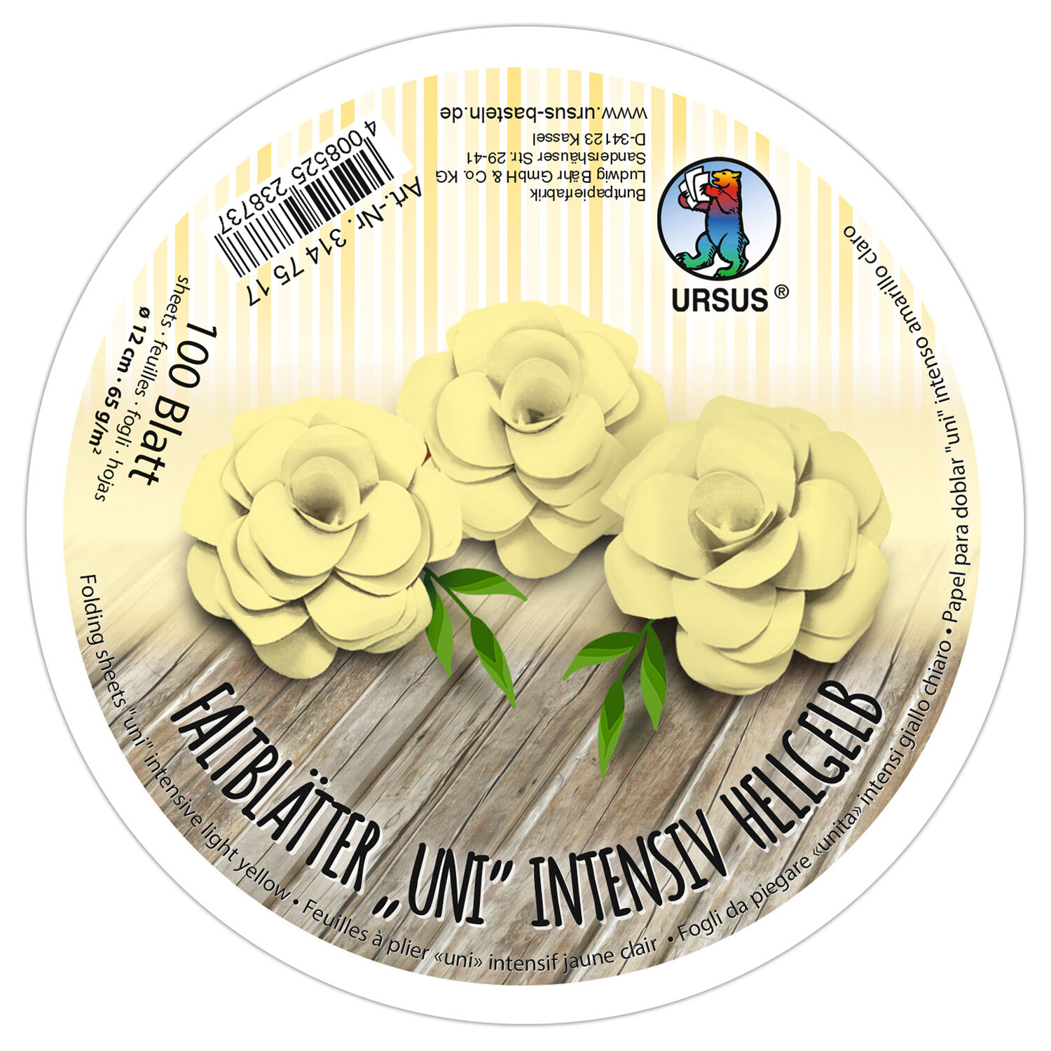 Faltbltter Rund, intensiv durchgefrbt, 100 Blatt,  12 cm, 65g/qm, Hellgelb