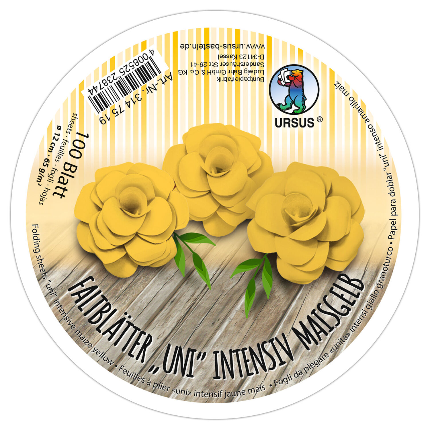 Faltbltter Rund, intensiv durchgefrbt, 100 Blatt,  12 cm, 65g/qm, Maisgelb