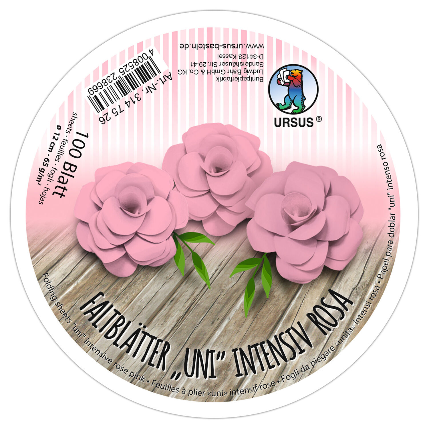 Faltbltter Rund, intensiv durchgefrbt, 100 Blatt,  12 cm, 65g/qm, Rosa