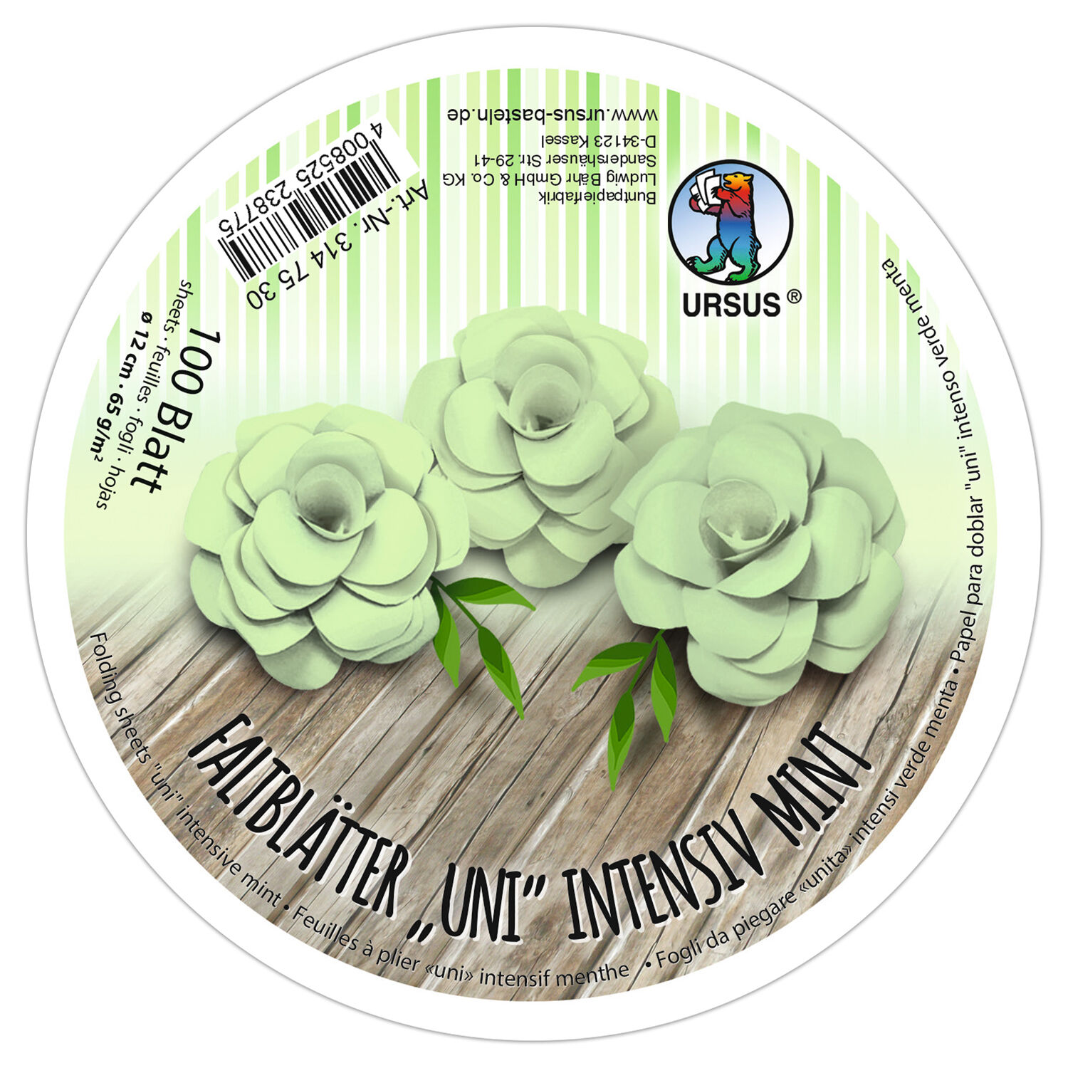 Faltbltter Rund, intensiv durchgefrbt, 100 Blatt,  12 cm, 65g/qm, Mint