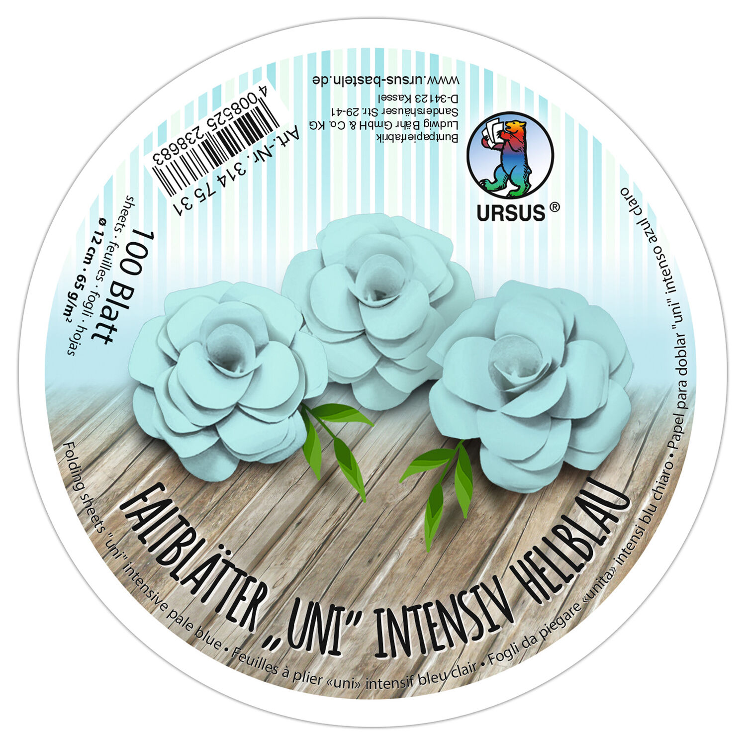 Faltbltter Rund, intensiv durchgefrbt, 100 Blatt,  12 cm, 65g/qm, Hellblau