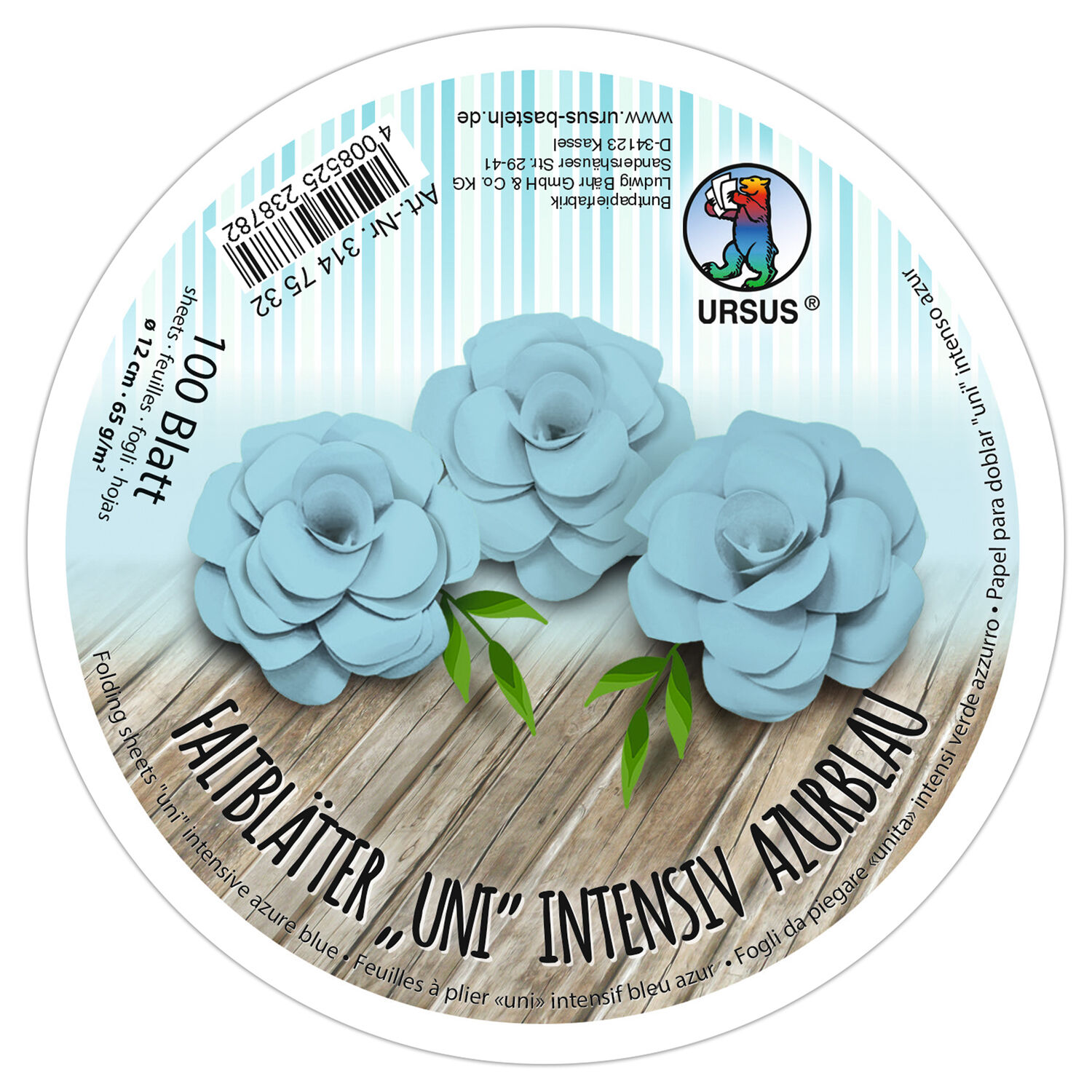 Faltbltter Rund, intensiv durchgefrbt, 100 Blatt,  12 cm, 65g/qm, Azurblau