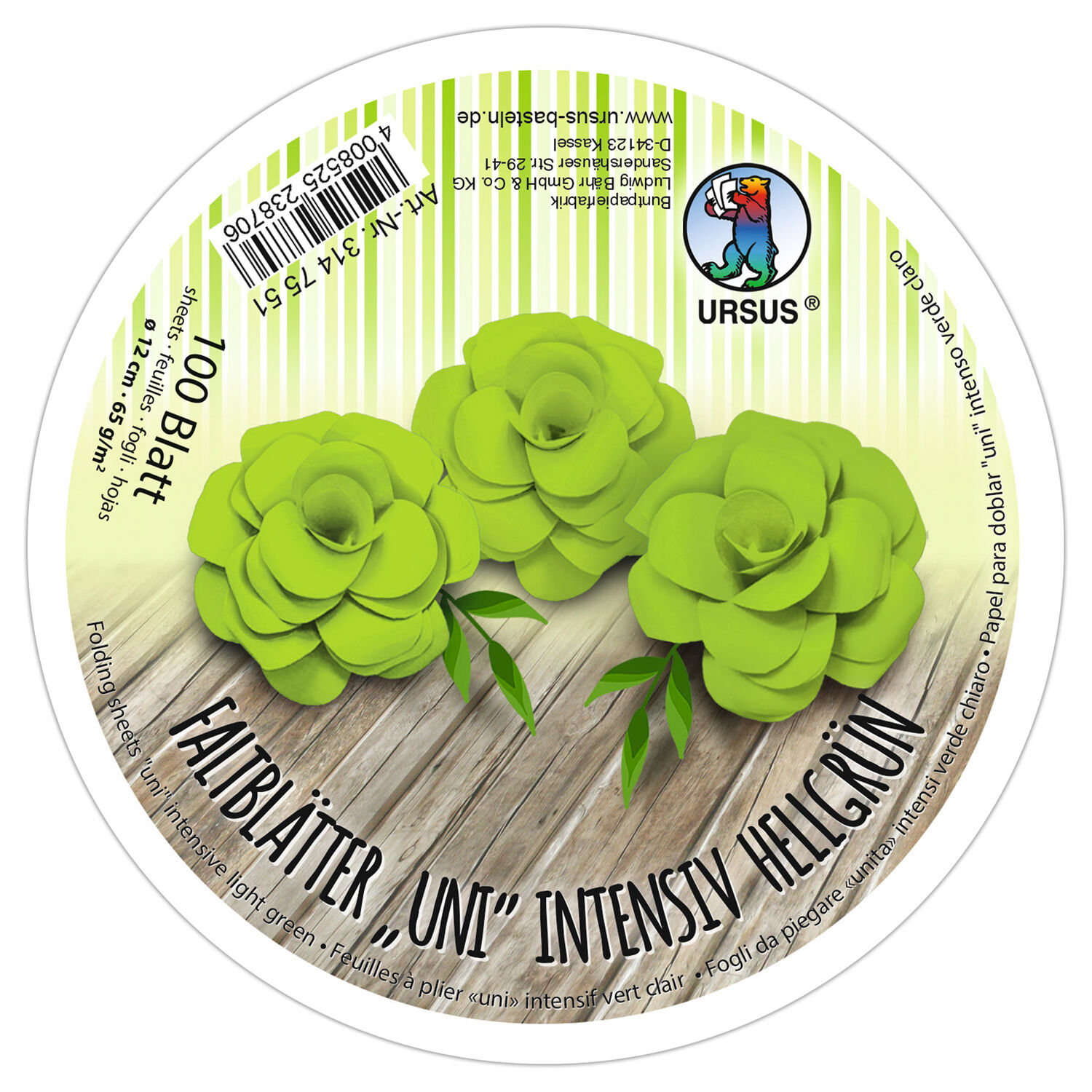 Faltbltter Rund, intensiv durchgefrbt, 100 Blatt,  12 cm, 65g/qm, Hellgrn