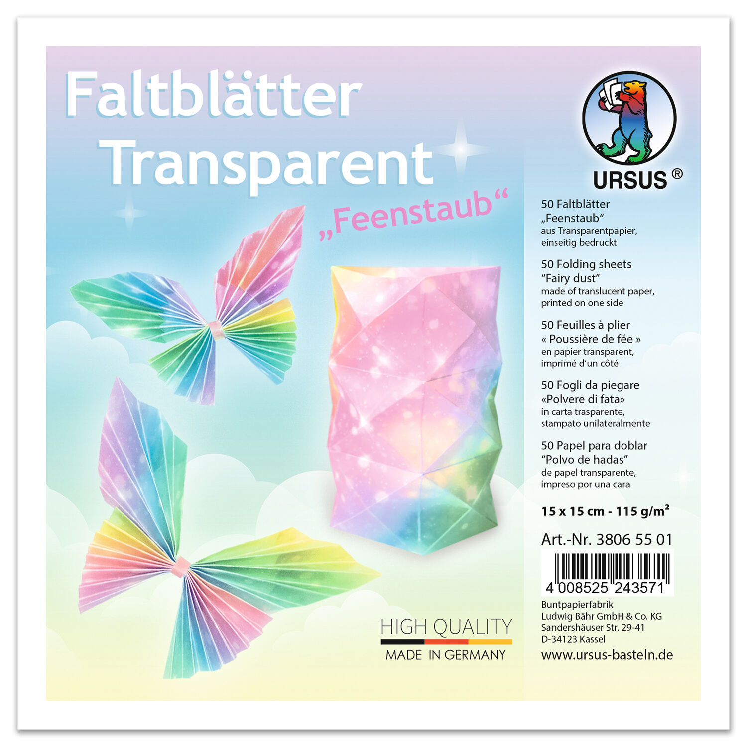 Faltbltter Transparentpapier, 15 x 15 cm, 115g/qm, 50 Blatt, Feenstaub