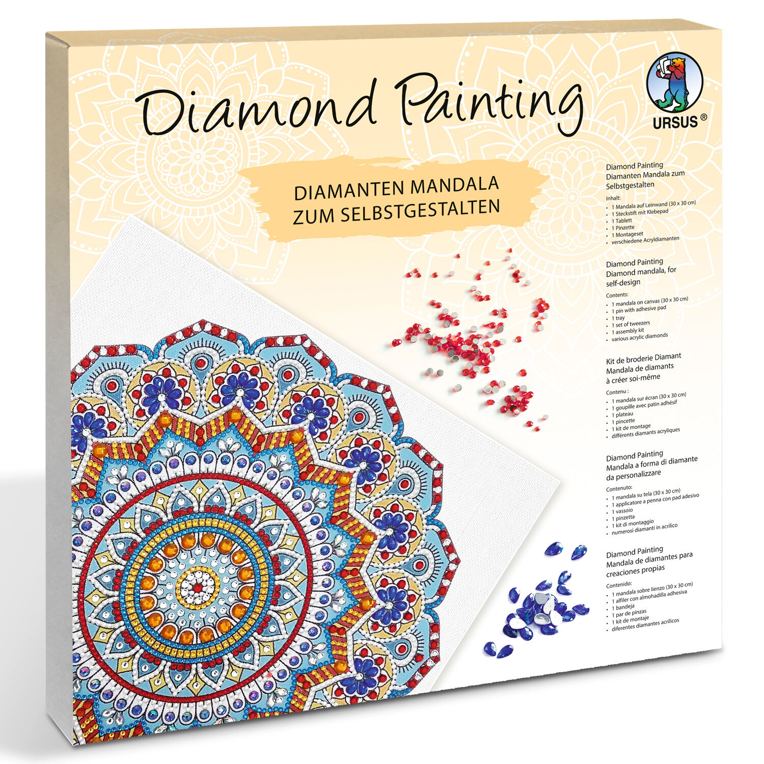 Diamond Painting Set Mandala, 30 x 30 cm Keilrahmen mit Zubehr, Hellblau-Rot-Gelb