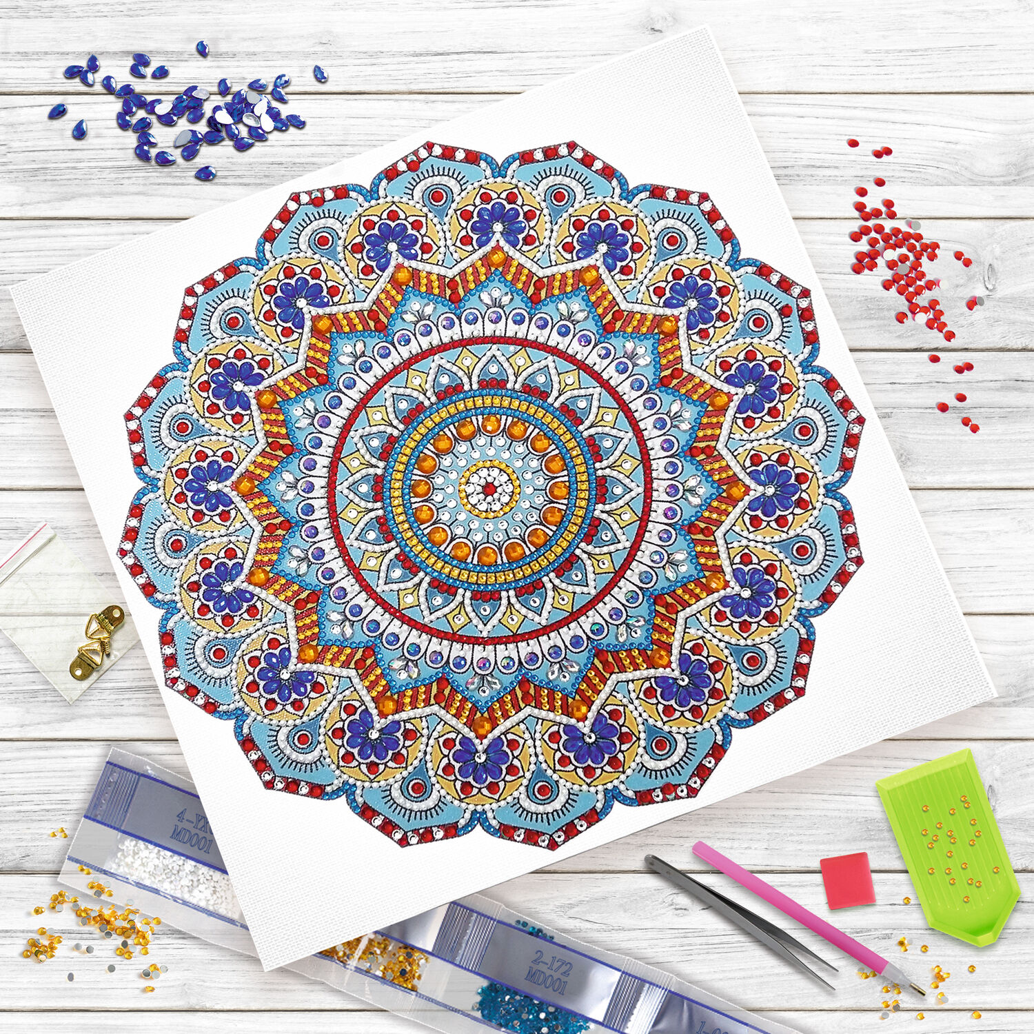Diamond Painting Set Mandala, 30 x 30 cm Keilrahmen mit Zubehr, Hellblau-Rot-Gelb Bild 3
