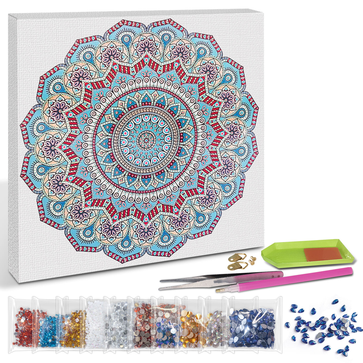 Diamond Painting Set Mandala, 30 x 30 cm Keilrahmen mit Zubehr, Hellblau-Rot-Gelb Bild 2
