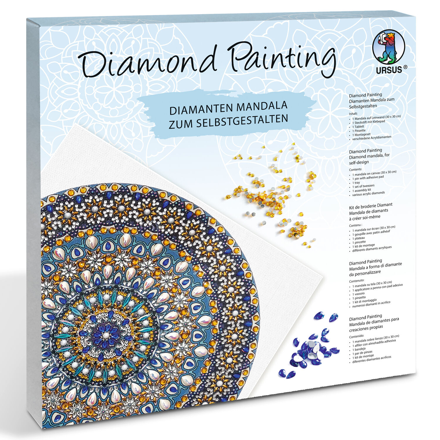Diamond Painting Set Mandala, 30 x 30 cm Keilrahmen mit Zubehr, Blau-Wei-Gelb