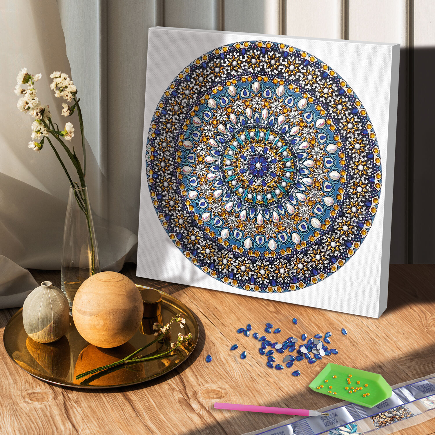 Diamond Painting Set Mandala, 30 x 30 cm Keilrahmen mit Zubehr, Blau-Wei-Gelb Bild 3