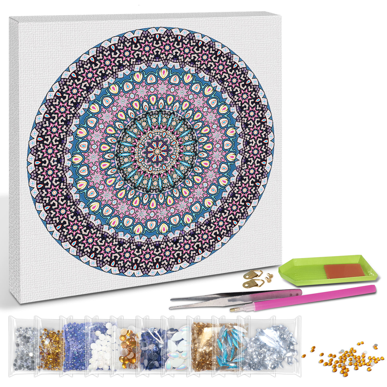 Diamond Painting Set Mandala, 30 x 30 cm Keilrahmen mit Zubehr, Blau-Wei-Gelb Bild 2