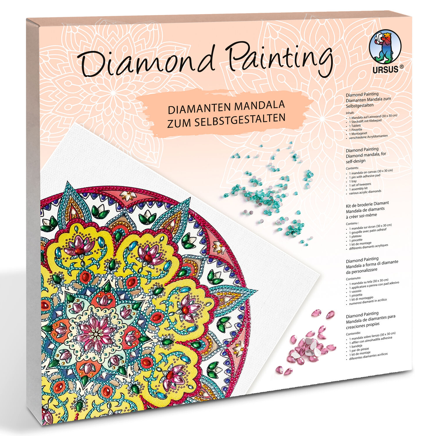 Diamond Painting Set Mandala, 30 x 30 cm Keilrahmen mit Zubehr, Gelb-Wei-Rot