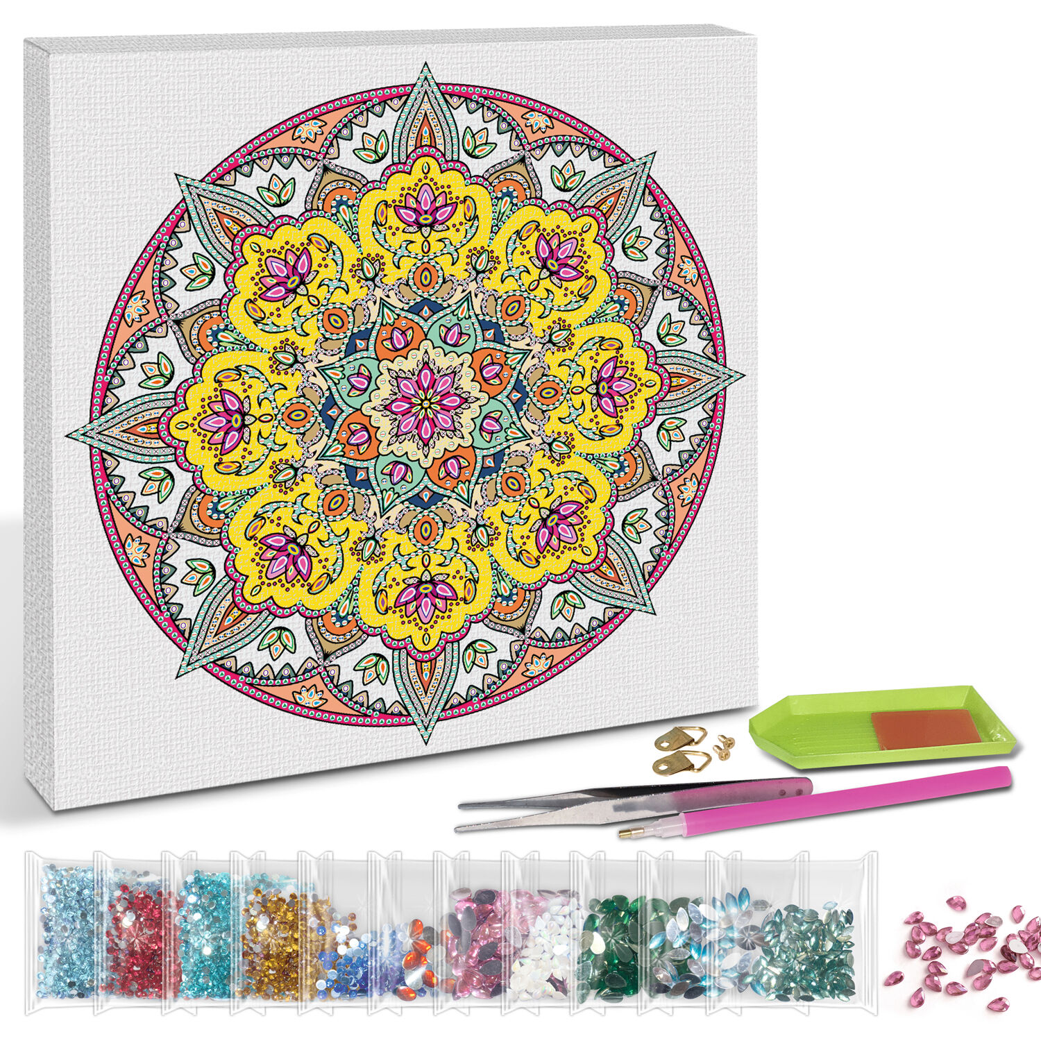 Diamond Painting Set Mandala, 30 x 30 cm Keilrahmen mit Zubehr, Gelb-Wei-Rot Bild 2