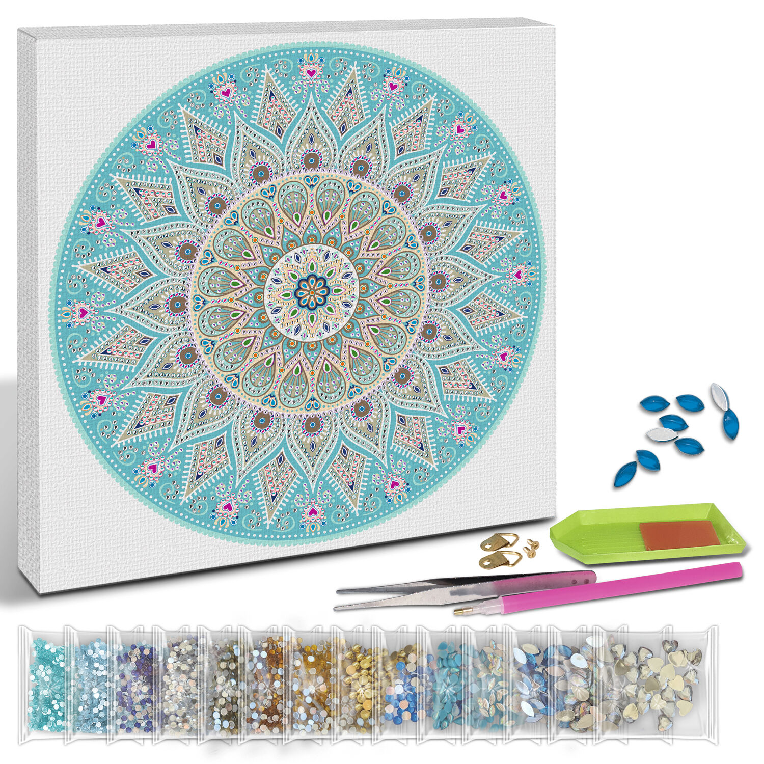Diamond Painting Set Mandala, 30 x 30 cm Keilrahmen mit Zubehr, Hellblau-Taupe-Wei Bild 2