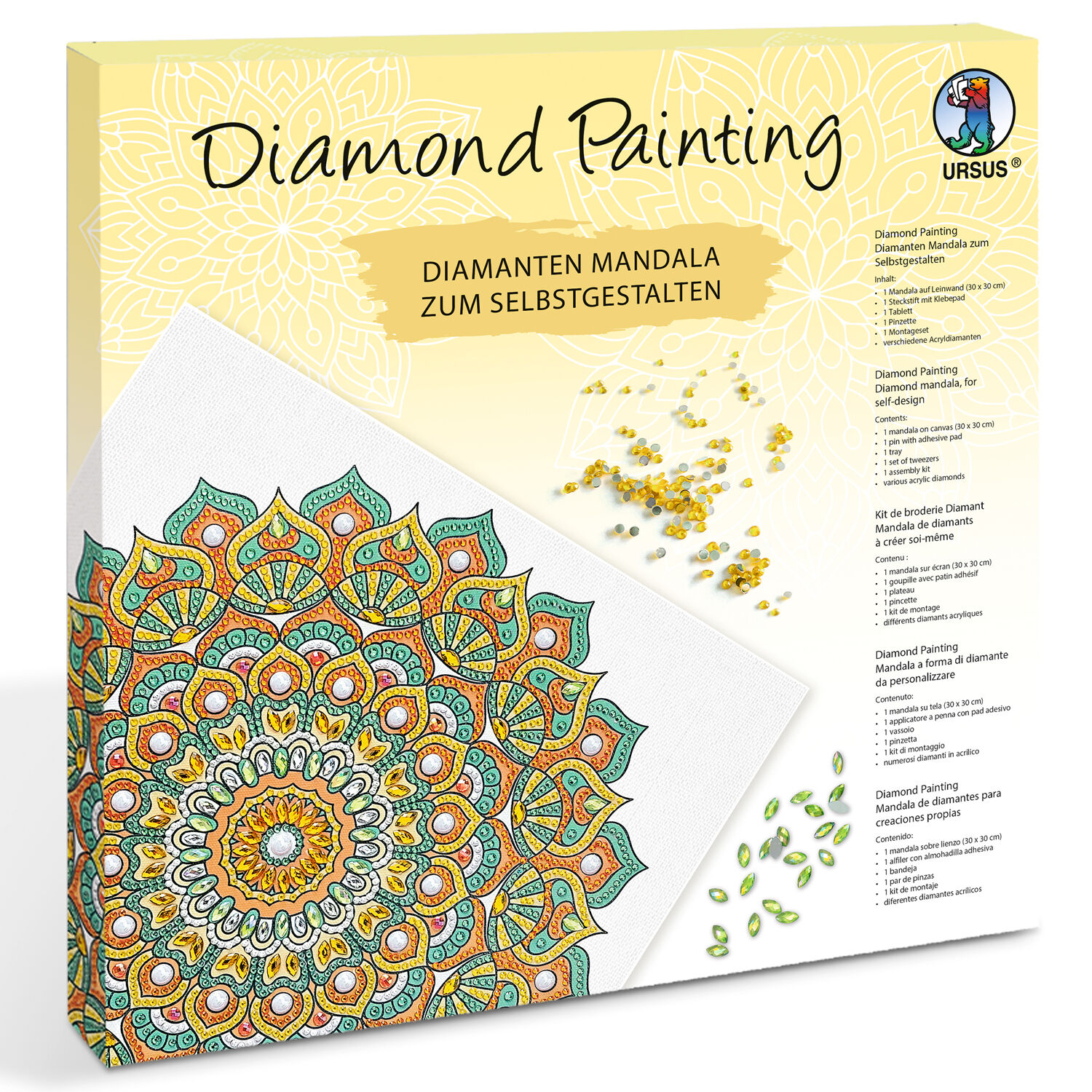 Diamond Painting Set Mandala, 30 x 30 cm Keilrahmen mit Zubehr, Mint-Orange-Gelb