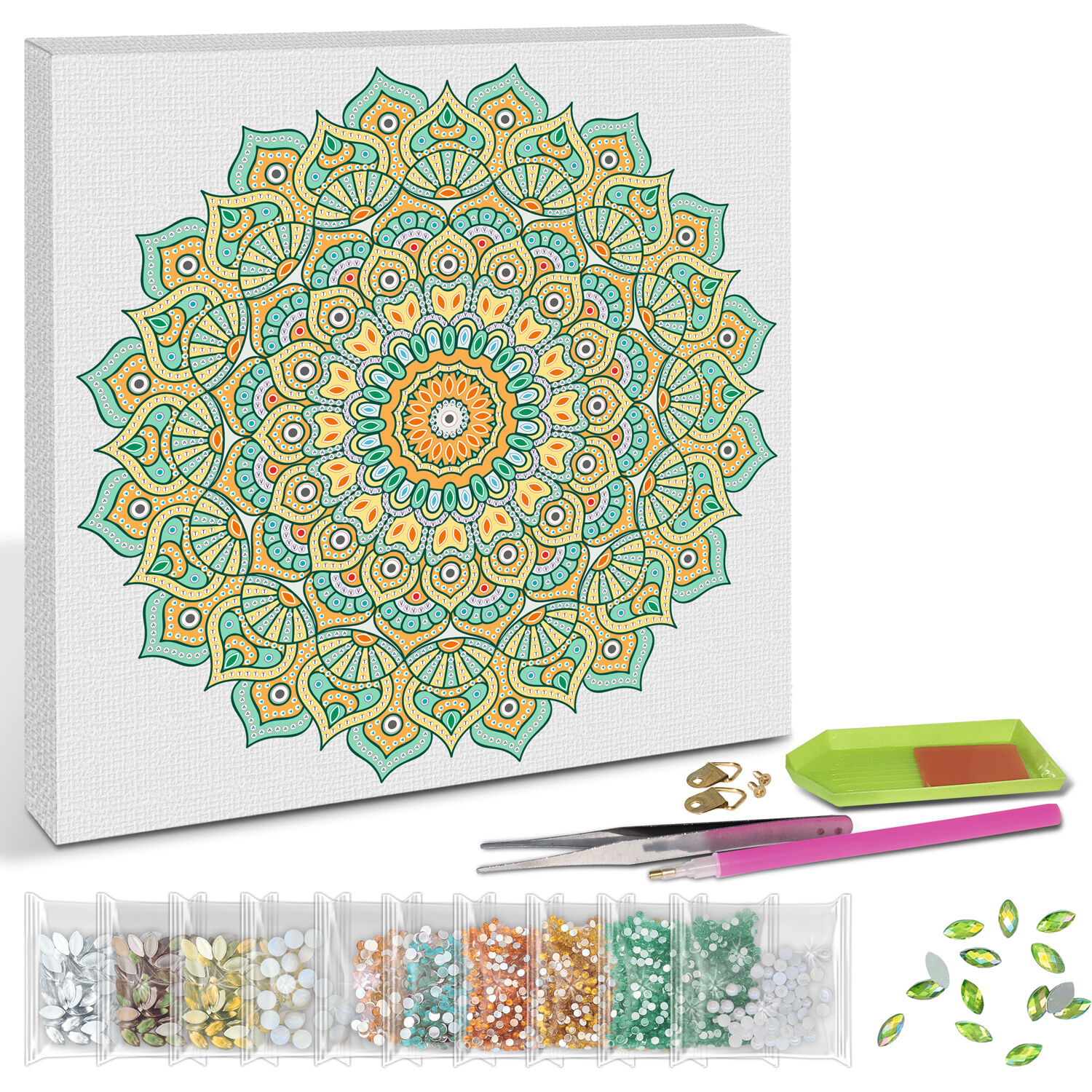 Diamond Painting Set Mandala, 30 x 30 cm Keilrahmen mit Zubehr, Mint-Orange-Gelb Bild 2